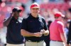 Georgia head coach Kirby Smart reacts during warm ups before an NCAA college football game against Oklahoma, Saturday, Sept. 26, 2026, in Athens, Ga. (AP Photo/Colin Hubbard)