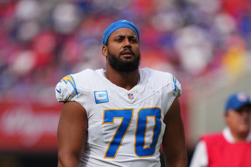 FILE - Los Angeles Chargers' Rashawn Slater walks during an NFL football game in Orchard Park, N.Y., Sept. 27, 2026. (AP Photo/Matt Rourke, File)