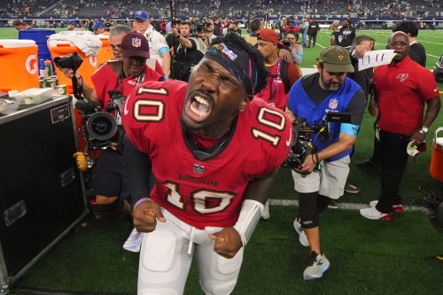 Tampa Bay Buccaneers quarterback Jalon Daniels (10) yells as he leaves the field after beating the Dallas Cowboys in an NFL football game in Arlington, Texas on Thursday, Oct. 8, 2026. (AP Photo/Julio Cortez)